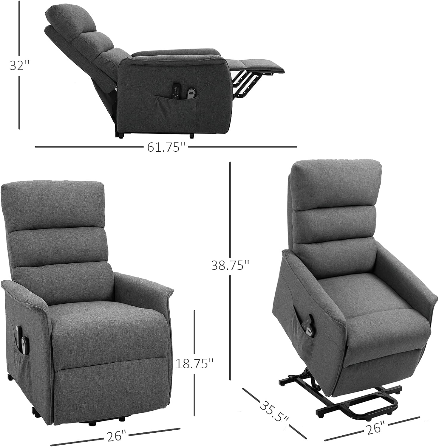 HOMCOM Power Lift Assist Recliner Chair for Elderly with Remote Control, Linen Fabric Upholstery Grey