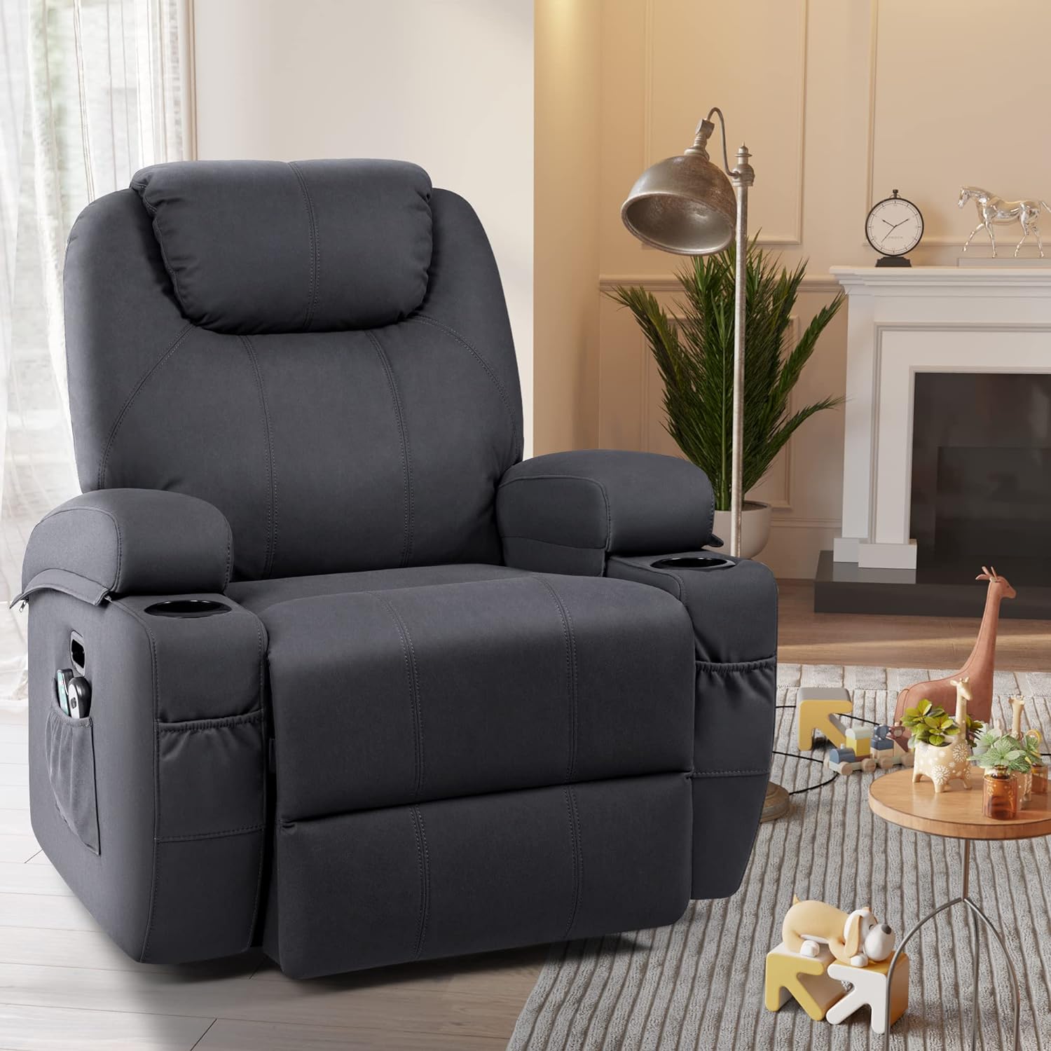 JUMMICO Power Lift Recliner Chair with Heat and Massage for Elderly Faux Leather Modern Reclining Sofa Chair with Cup Holders, Remote Control, Adjustable Furniture (Navy Blue)