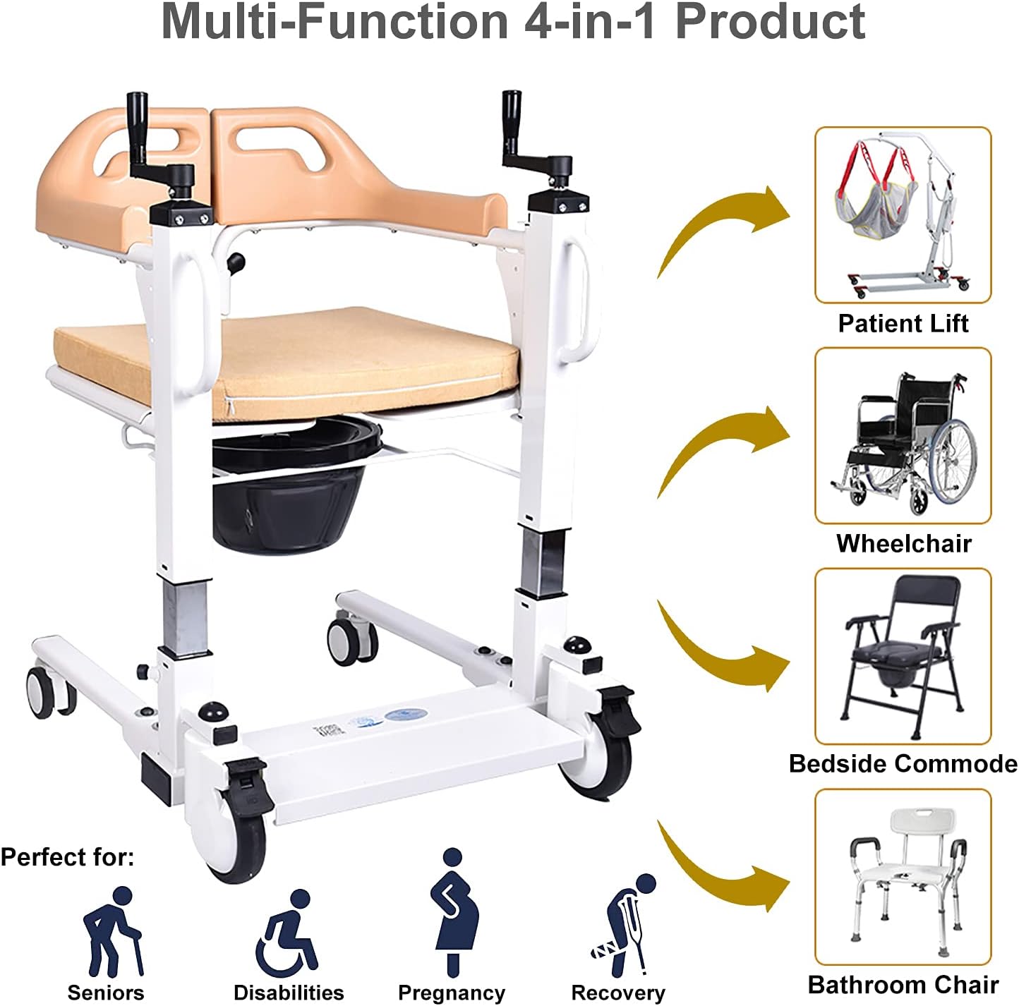 Patient Lift Transfer Chair for Home, 4 in 1 Portable Transfer Chair for Adults, Elderly, or Senior Living, Bed to Toilet Transfer Wheelchair, Easy Use - Ships from USA - Weight Capacity 290 lb